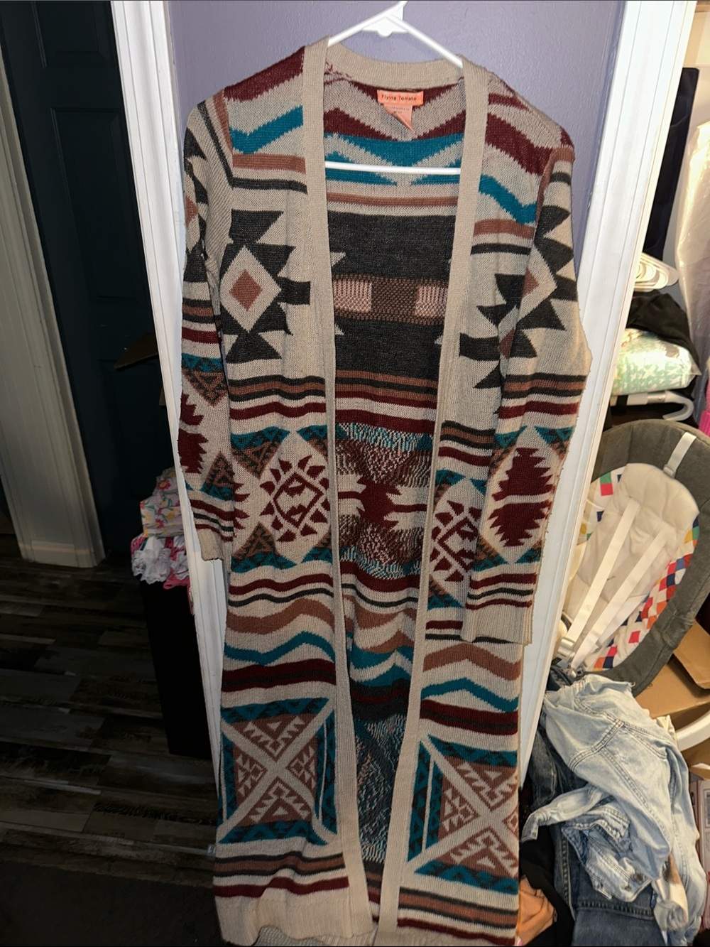 Flying Tomato Beige Multi Aztec Long Open-Front Cardigan